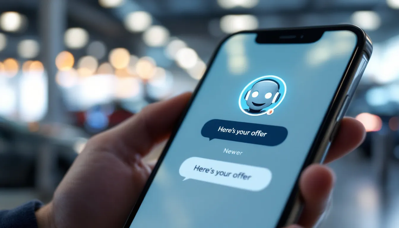 Close-up of a smartphone messaging screen where a chat contact with a robot-face avatar sends the message Here's your offer, dealership showroom lights blurred behind
