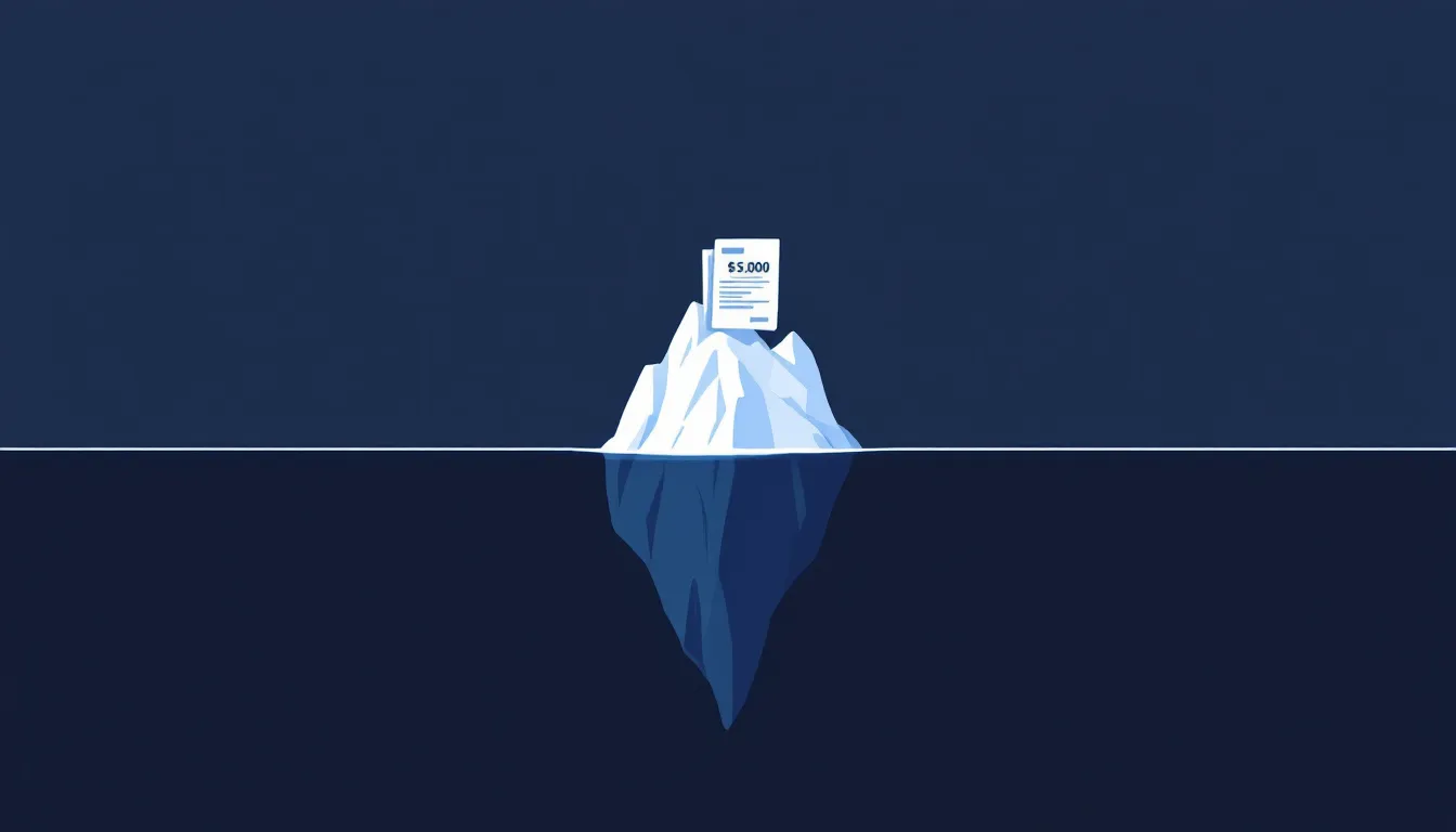 Flat illustration of an iceberg made of stacked paper invoices in dark water, only the tip above the waterline labeled $3,000