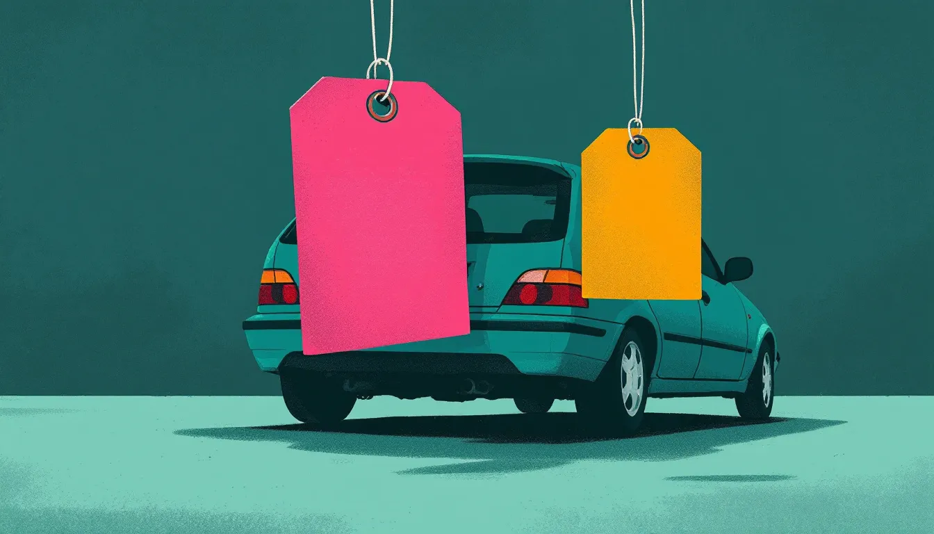 Illustration of a used car with two swing price tags, a large bright tag in front and a smaller darker tag hanging half in shadow behind it