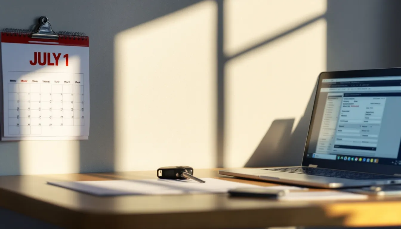 An Ontario dealership office desk at dawn with a wall calendar turned to a page marked July 1, a laptop showing a vehicle registration form, and car keys beside a metal VIN plate