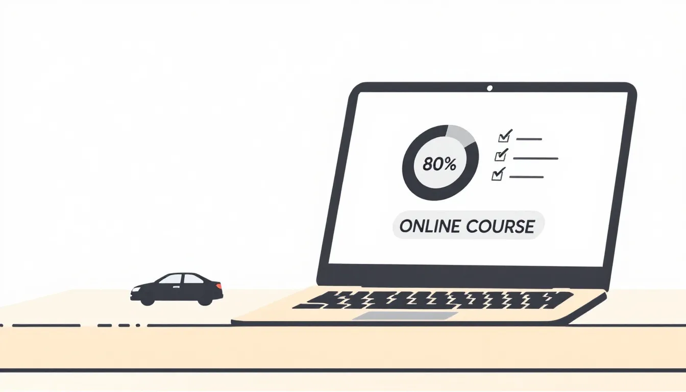 Flat illustration of a laptop showing an online course with completed module checkmarks and a circular 80 percent progress badge, a small car icon beside it