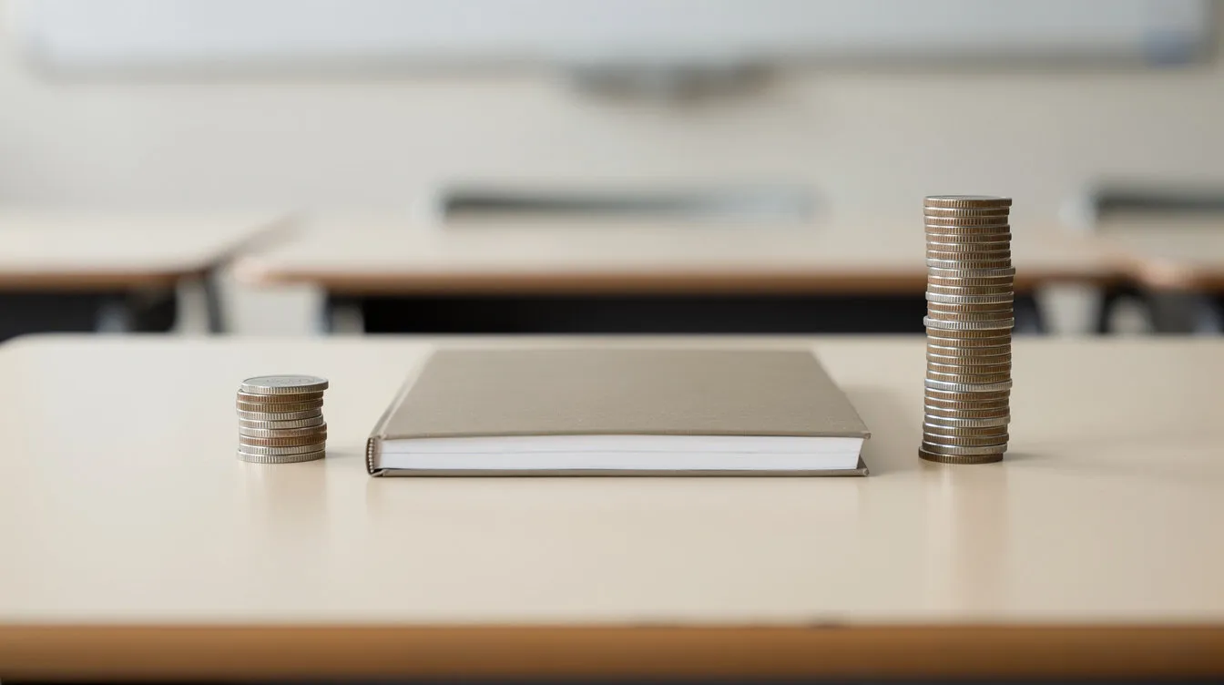 Two unequal stacks of coins on either side of a closed grey notebook on a classroom desk, whiteboard blurred behind