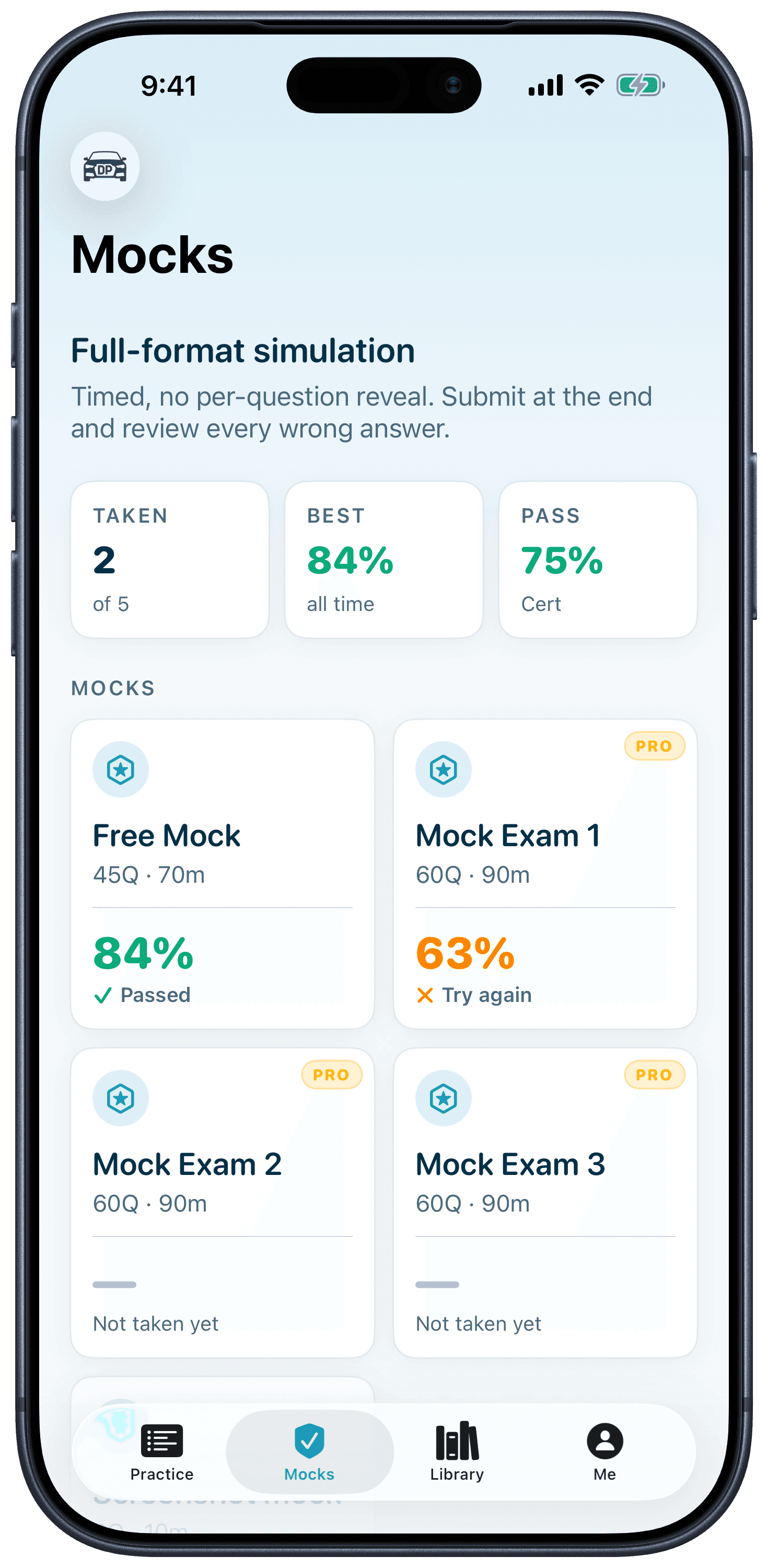 DealerPrep iOS app — OMVIC mock exam selector with timed full-length tests