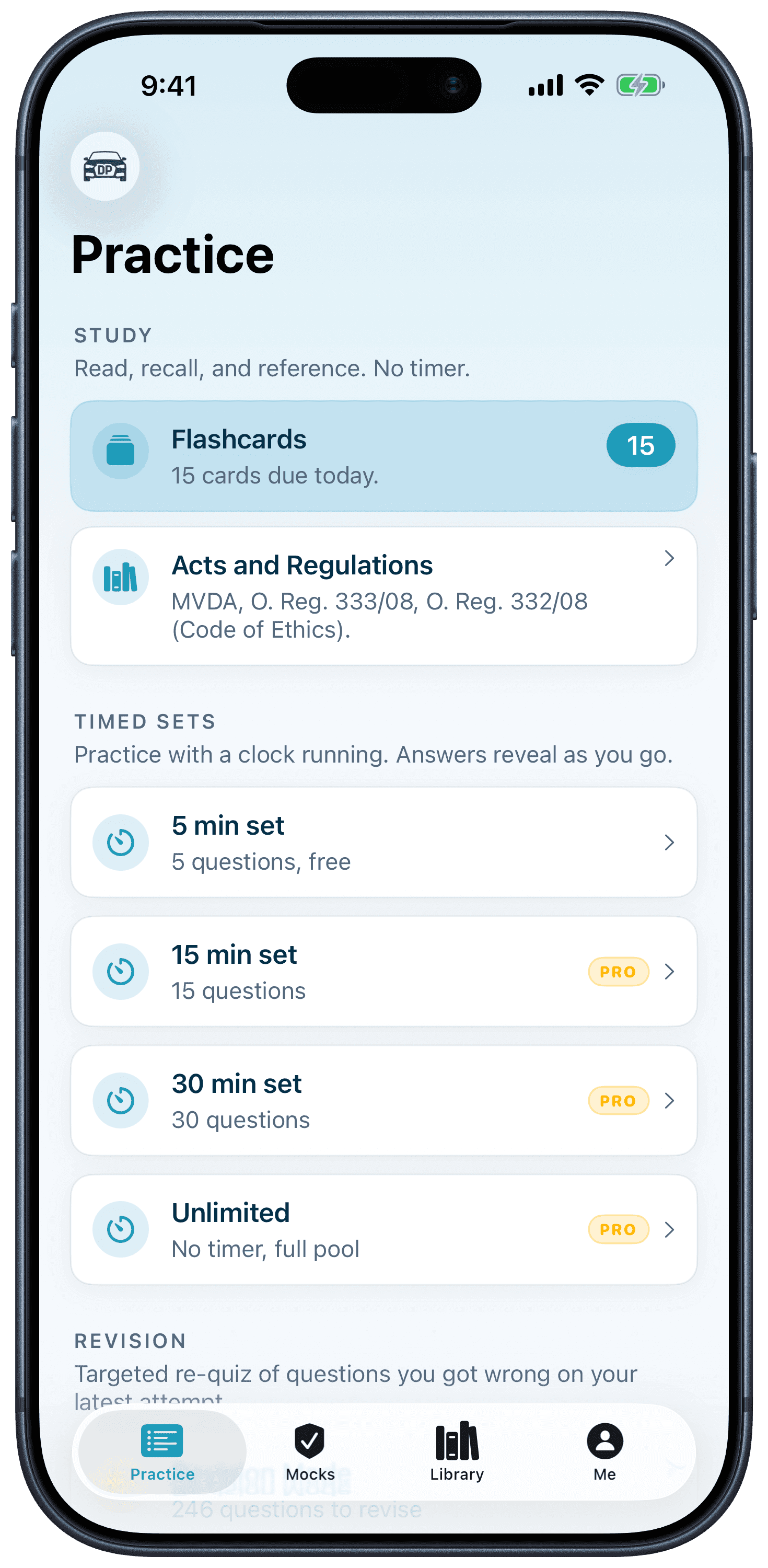 DealerPrep iOS app — OMVIC practice quiz home with timed sets and category drills