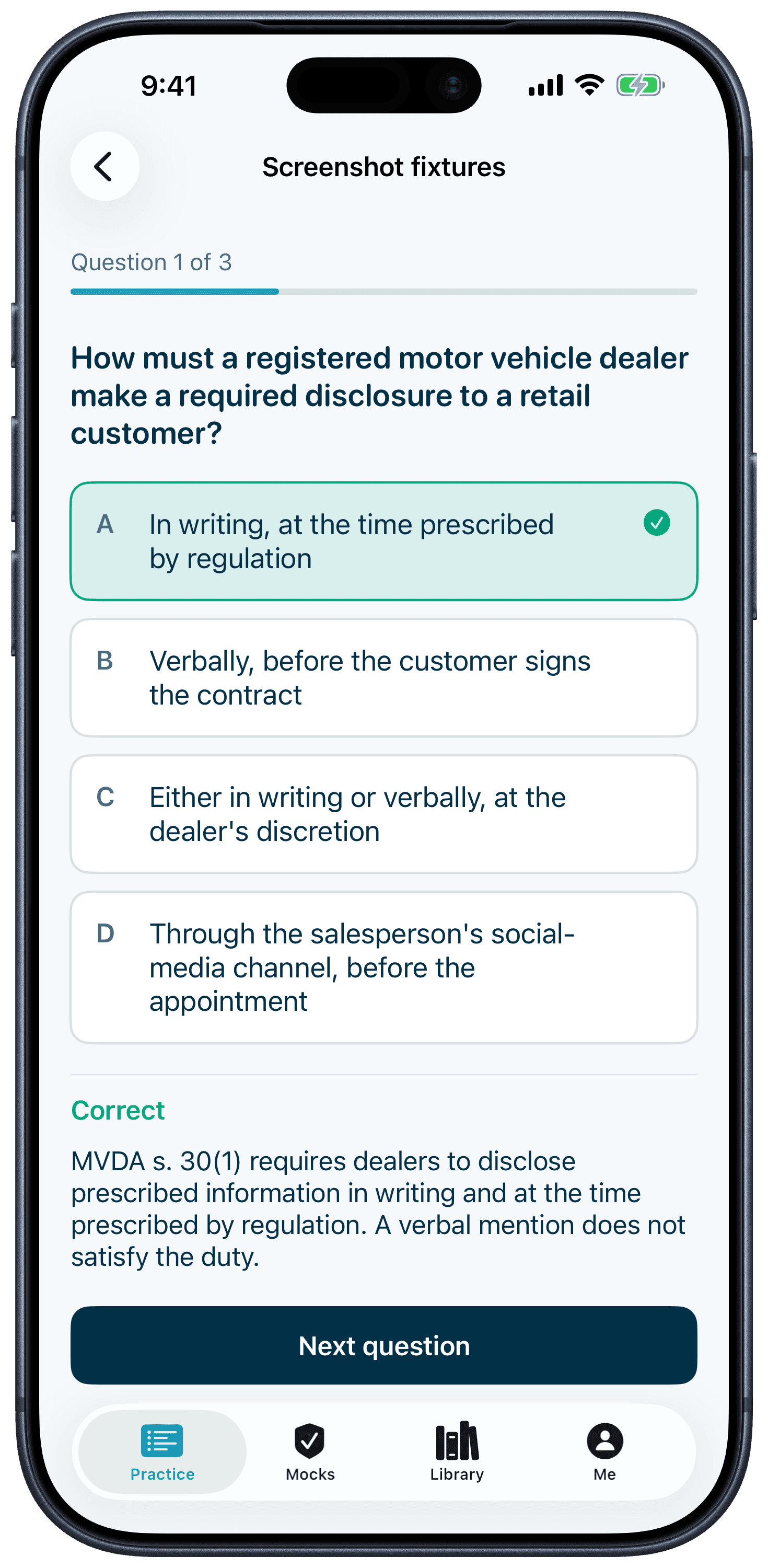 DealerPrep practice question reveal with green/red answer feedback and MVDA citation